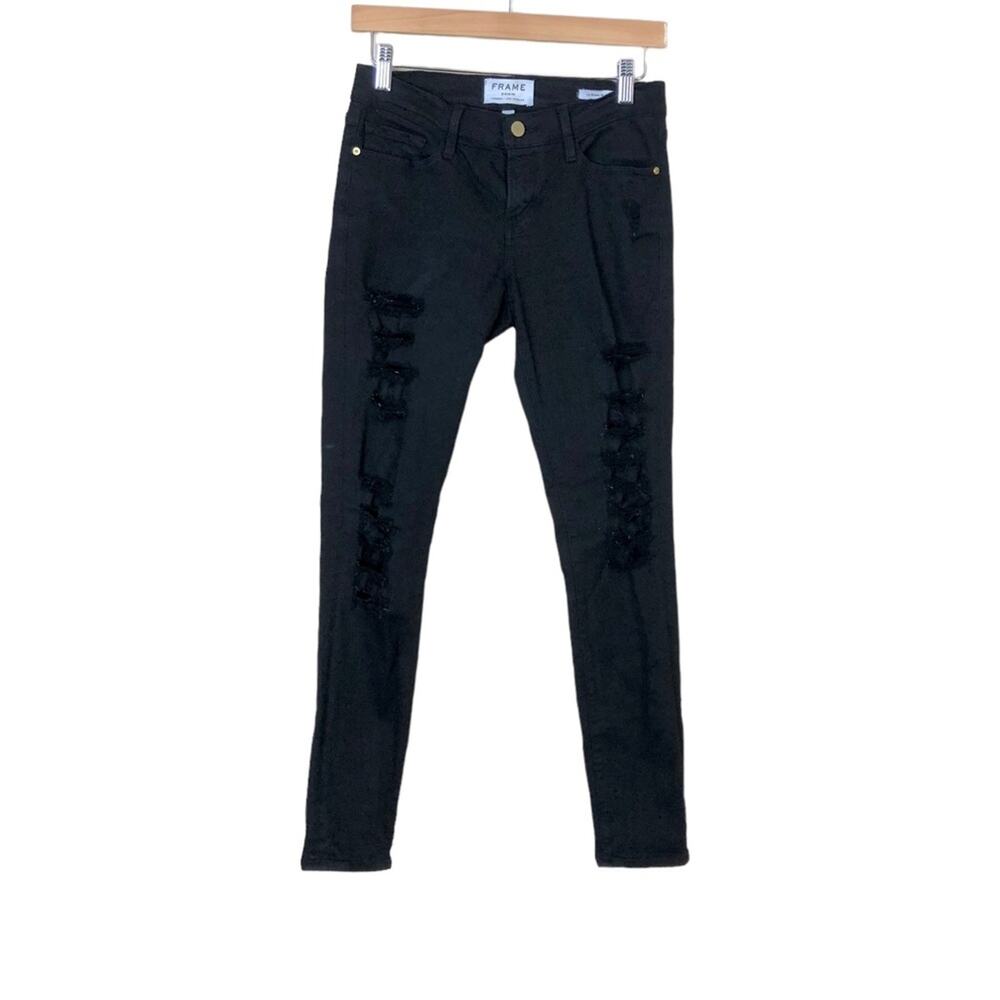Frame Le Skinny Black Highly Distressed Busted Knee Jeans Size 26